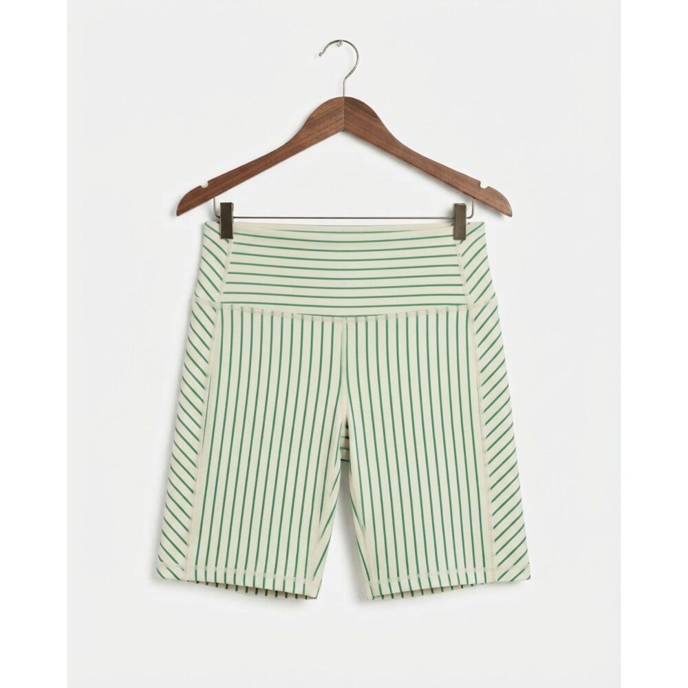 Solid & Striped White Green Pinstripe High-Rise Athletic Bike Shorts